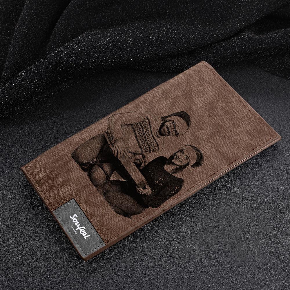 Grabable Hombre Cartera Plegable de Estilo Largo de Foto Grabable - Cuero Marrón
