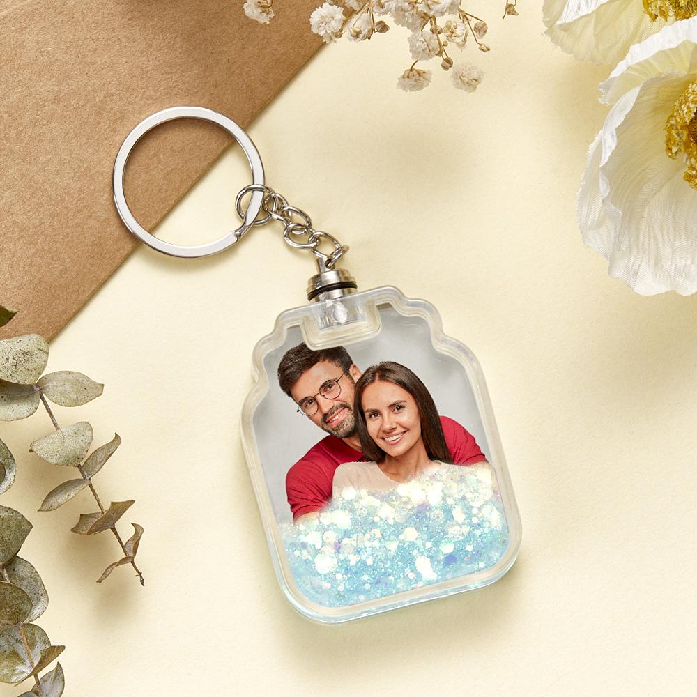 Llavero Personalizado Con Forma De Botella De Deriva Resplandeciente Con Arena Movediza Y Foto - soufeeles