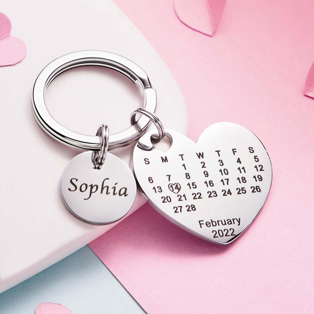 Llavero Con Calendario De Corazón Grabado Personalizado, Llavero Con Fecha, Regalo De San Valentín - soufeeles
