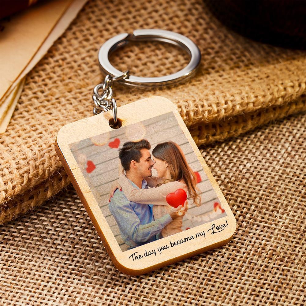 Custom Keychain, Personalized Photo and Date Wooden Key Ring Christmas Gift For Him