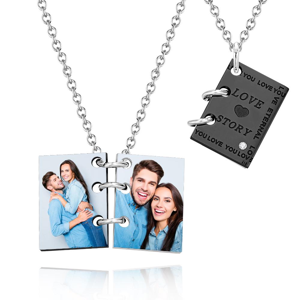 Collar Con Foto Grabada Personalizada, Libro De Historia De Amor, Regalos Para Parejas - soufeeles