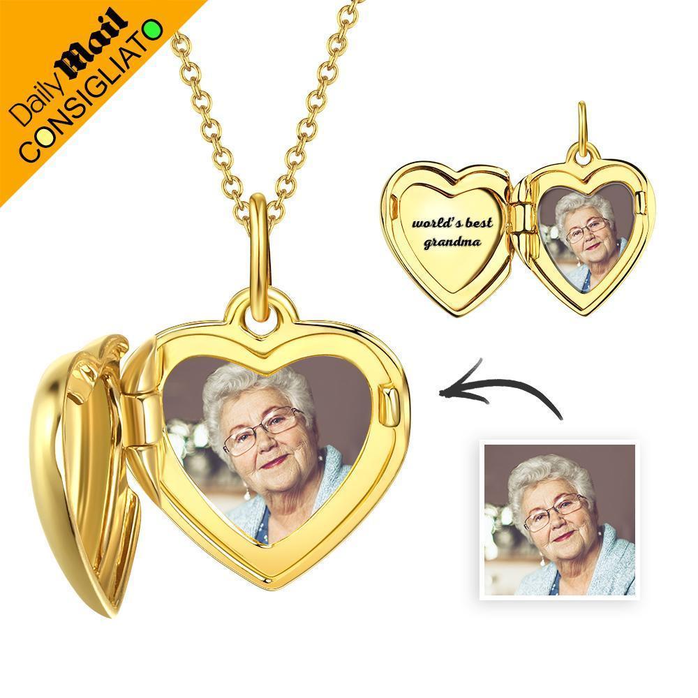 Collar de Medallón de Corazón de Foto Grabable Plata Chapado en Oro Rosa