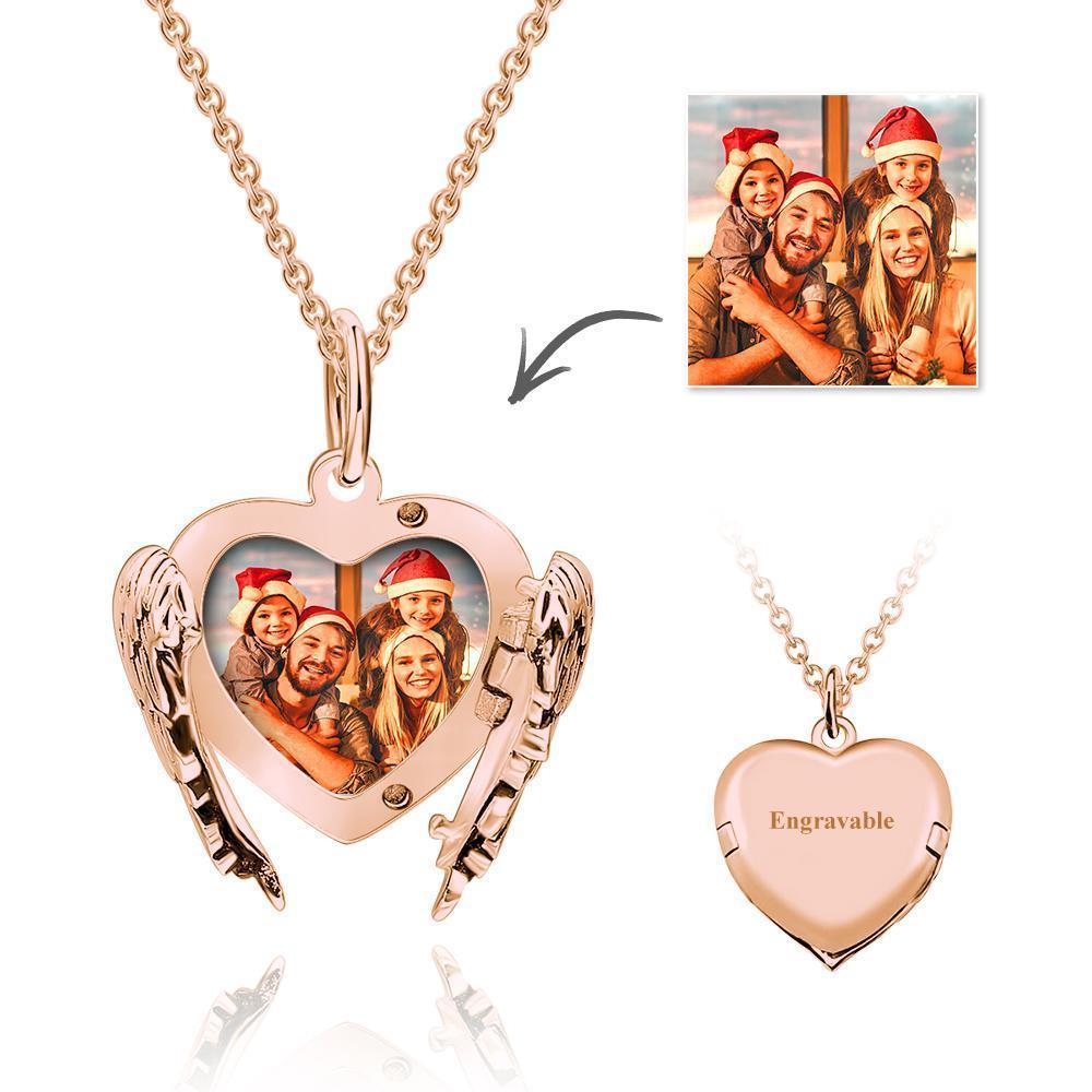 Feliz Navidad Grabable Foto Locket Collar Corazón Alas de ángel Plata de Ley