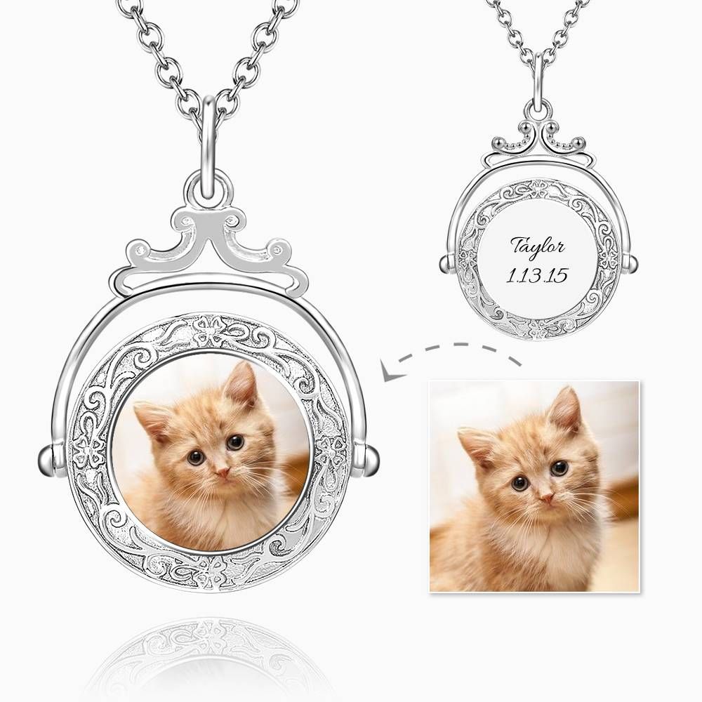 Vendimia Collar de Foto con Espejo en Relieve Chapado en Platino