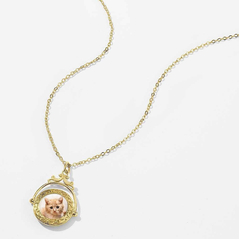 Vendimia Collar de Foto con Espejo en Relieve Chapado en 14k Oro