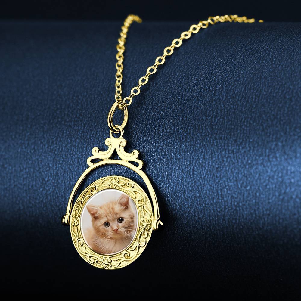 Vendimia Collar de Foto con Espejo en Relieve Chapado en 14k Oro