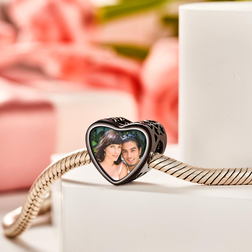 Abalorio Con Foto Personalizada, Abalorio De Corazón, Chapado En Negro, Regalo Para Amante - soufeeles