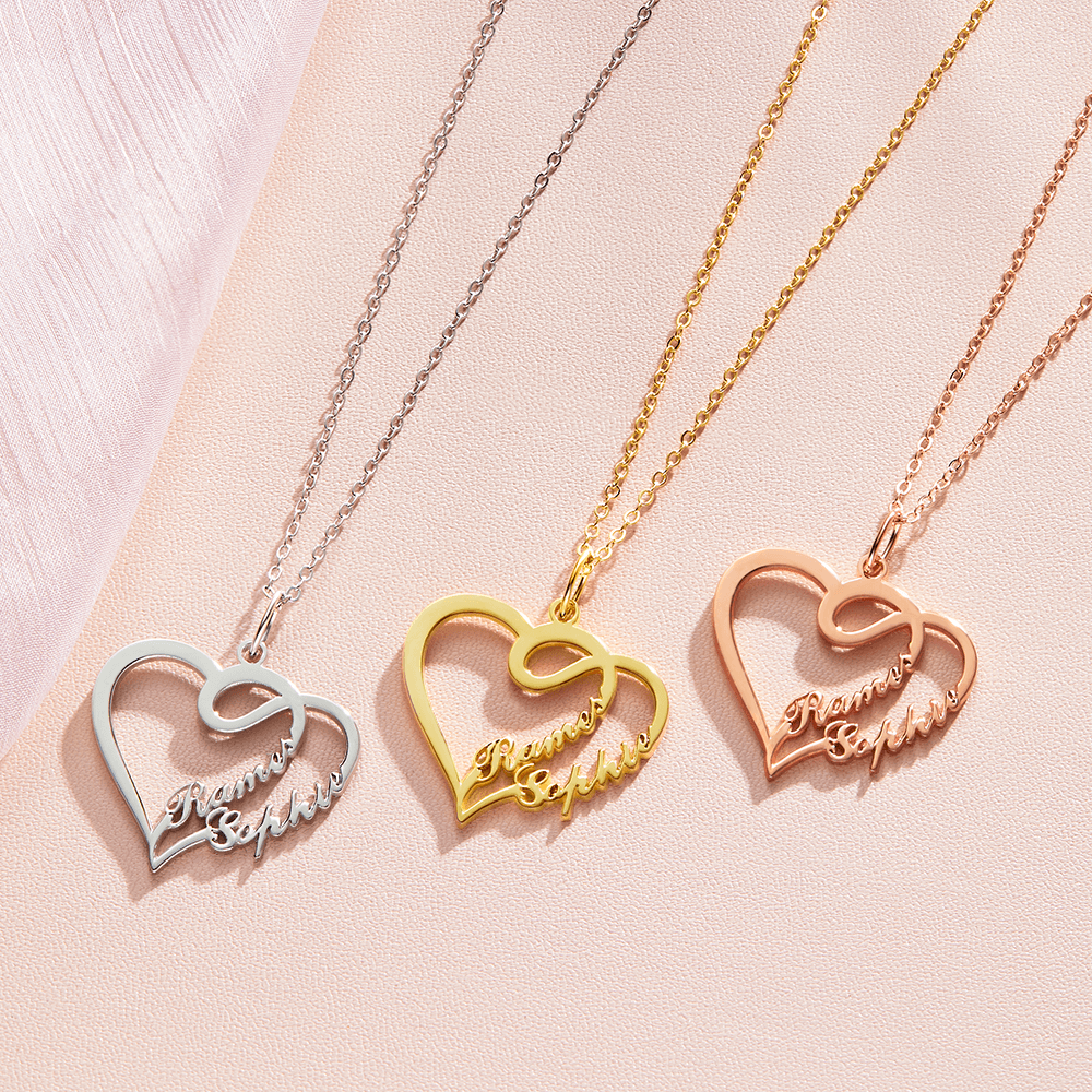 Collar Con Nombre - Collar Con Nombre En Oro - Corazón Superpuesto Collar Con Dos Nombres Chapado En Oro De 14K - Regalo Único Para Ella