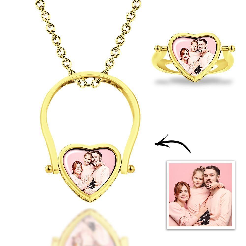 Collar con foto, Anillo con foto Diseño único de doble uso (Tamaño del anillo 7#) Plata chapada en oro de 14k