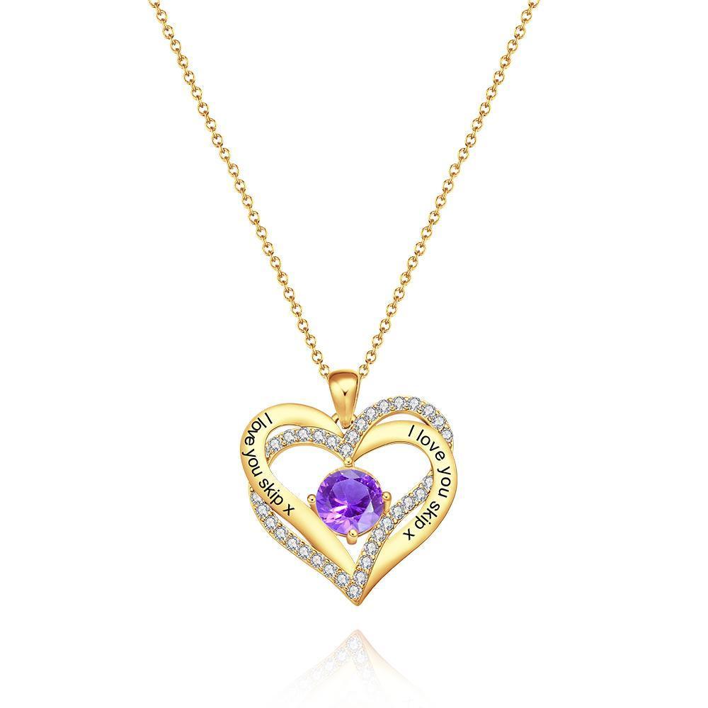 Collar Con Colgante De Corazón De Diamante Grabado Personalizado Con Regalo De Piedra Natal Para Mujeres