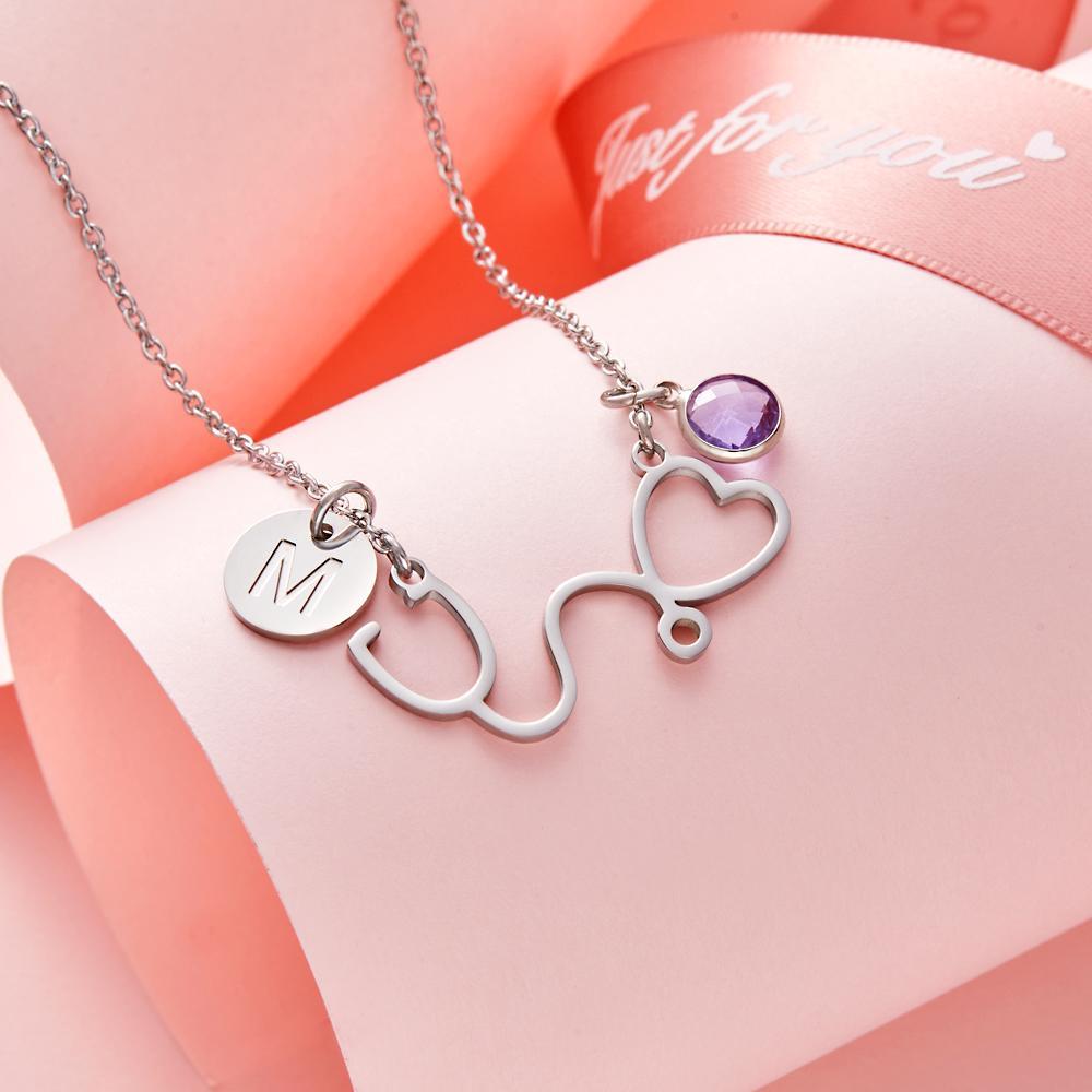 Collar De Piedra De Nacimiento Personalizado Alfabeto Collar Estetoscopio Corazón Regalos - soufeeles