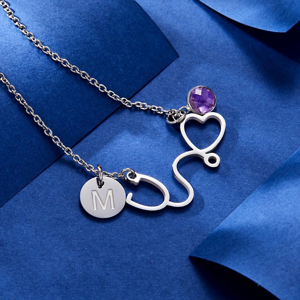 Collar De Piedra De Nacimiento Personalizado Alfabeto Collar Estetoscopio Corazón Regalos - soufeeles