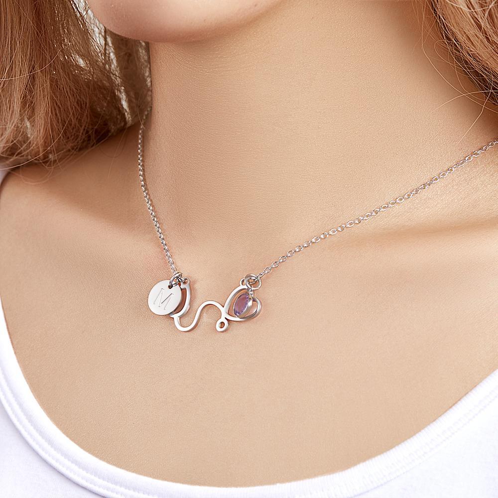 Collar De Piedra De Nacimiento Personalizado Alfabeto Collar Estetoscopio Corazón Regalos - soufeeles