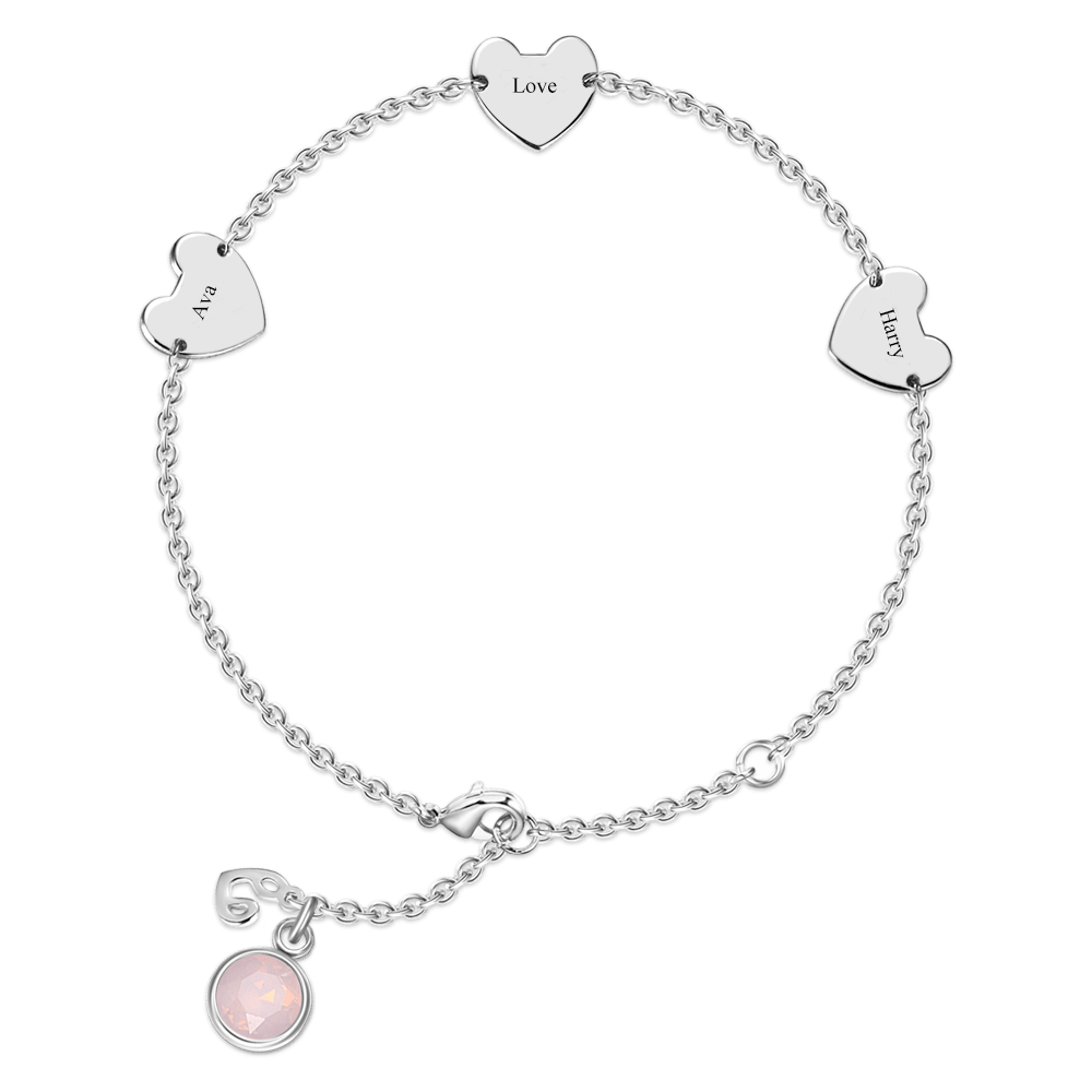Pulsera Grabada De Tres Corazones Con Piedra Natal Personalizada - Longitud Ajustable