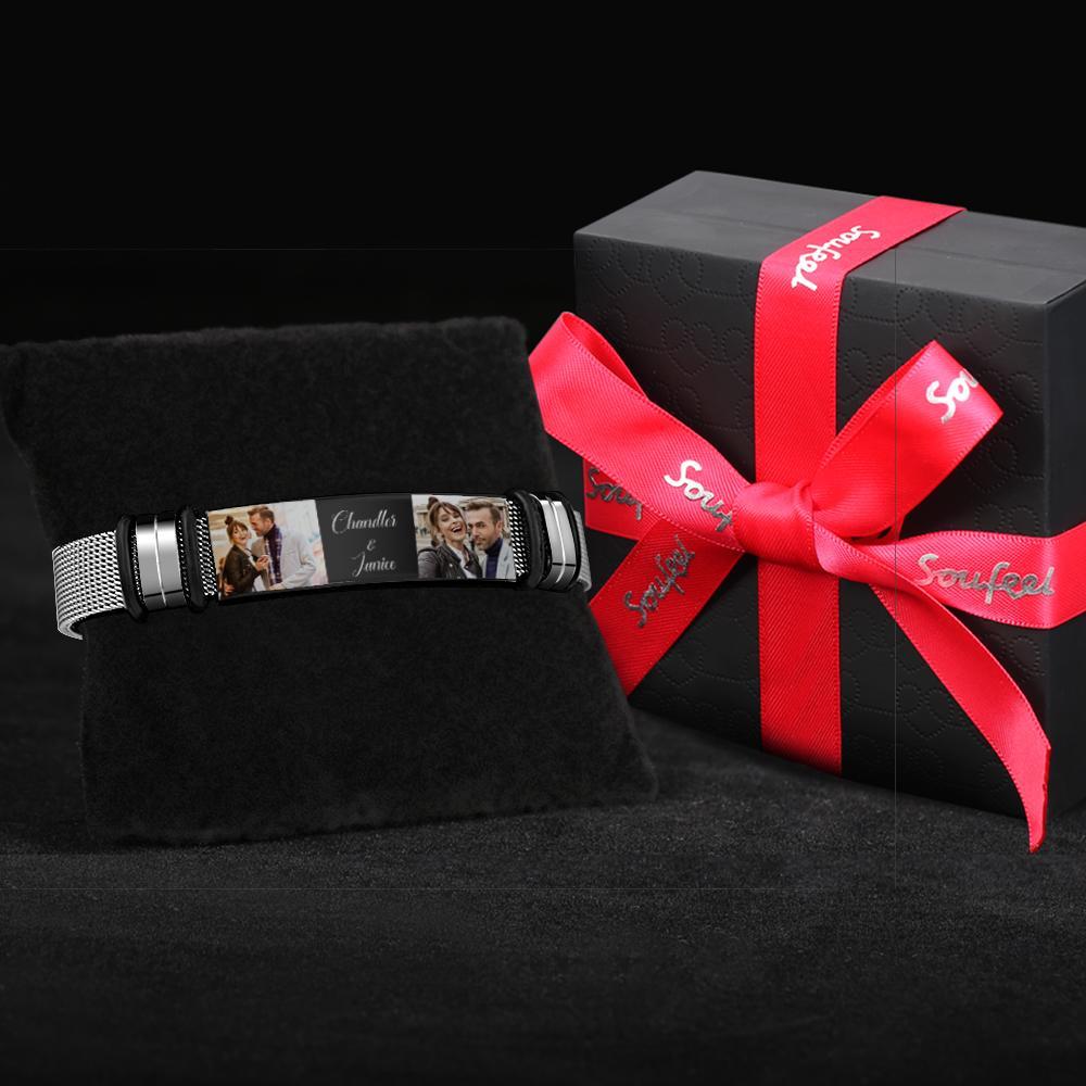 Pulsera Personalizada De Acero Inoxidable Para Hombre Con Dos Fotos Y Palabras Grabadas Los Mejores Regalos Para Los Amantes En El Día De San Valentín - soufeeles