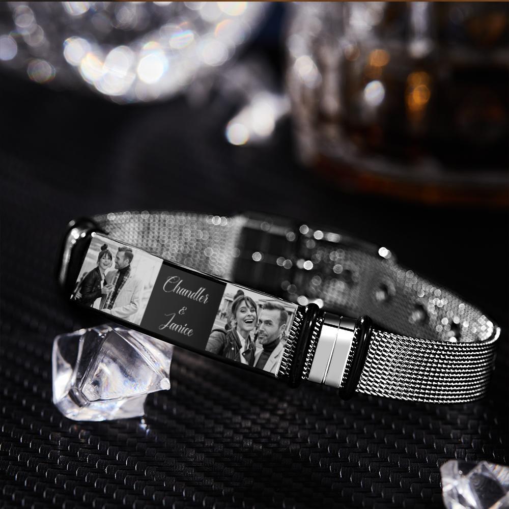 Pulsera Personalizada De Acero Inoxidable Para Hombre Con Dos Fotos Y Palabras Grabadas Los Mejores Regalos Para Los Amantes En El Día De San Valentín - soufeeles