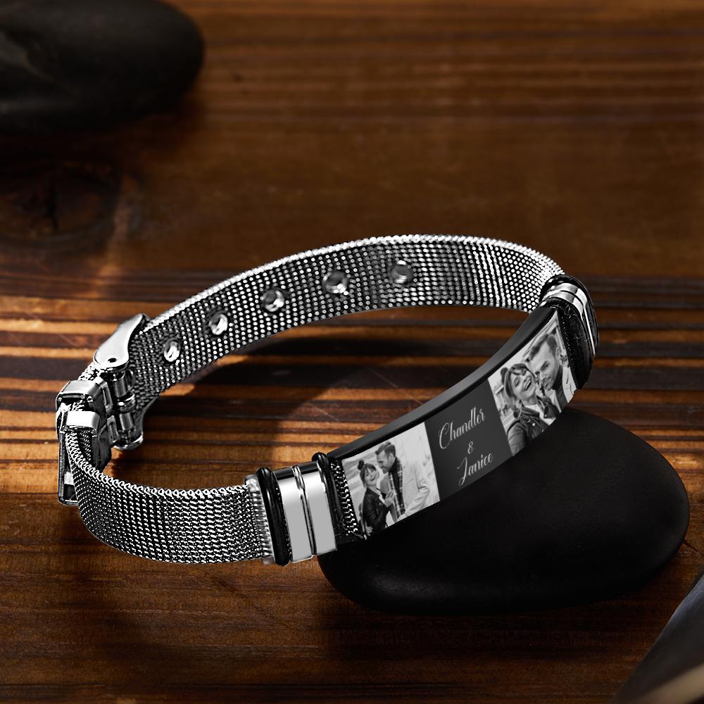 Pulsera Personalizada De Acero Inoxidable Para Hombre Con Dos Fotos Y Palabras Grabadas Los Mejores Regalos Para Los Amantes En El Día De San Valentín - soufeeles