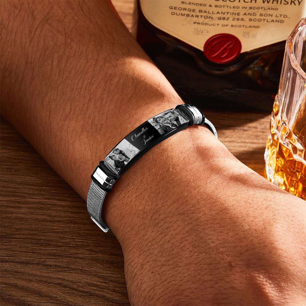 Pulsera Personalizada De Acero Inoxidable Para Hombre Con Dos Fotos Y Palabras Grabadas Los Mejores Regalos Para Los Amantes En El Día De San Valentín - soufeeles