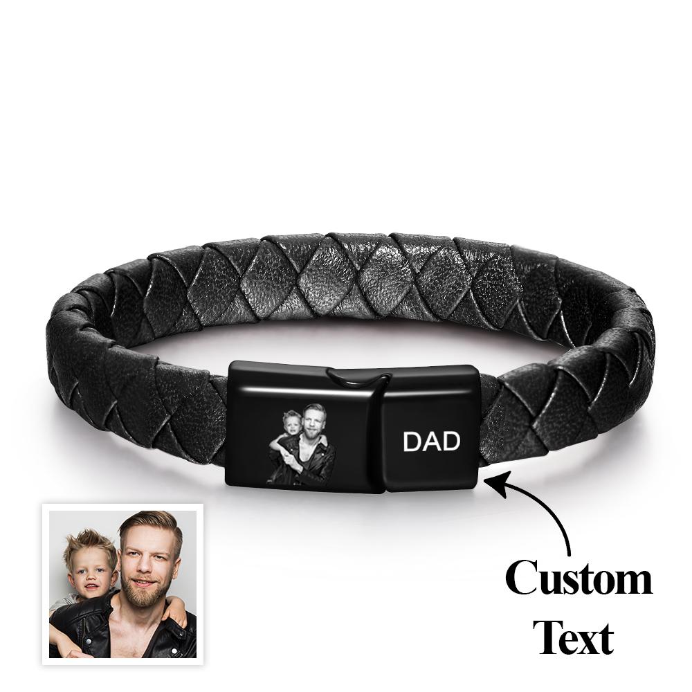 Pulsera Personalizada Con Foto Grabada Para Hombre, Pulsera De Cuero, Regalo Para El Día Del Padre - soufeeles