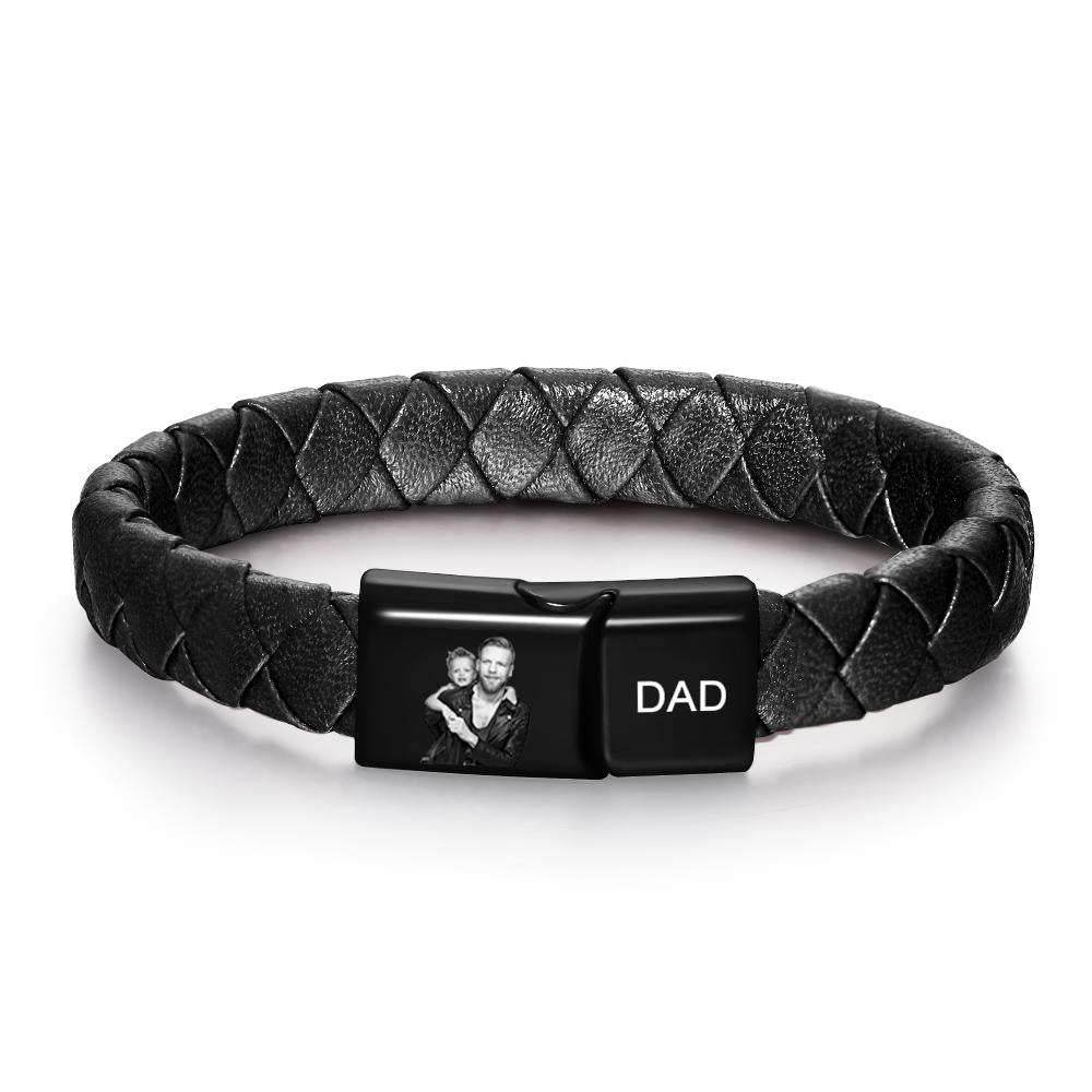 Pulsera Personalizada Con Foto Grabada Para Hombre, Pulsera De Cuero, Regalo Para El Día Del Padre - soufeeles