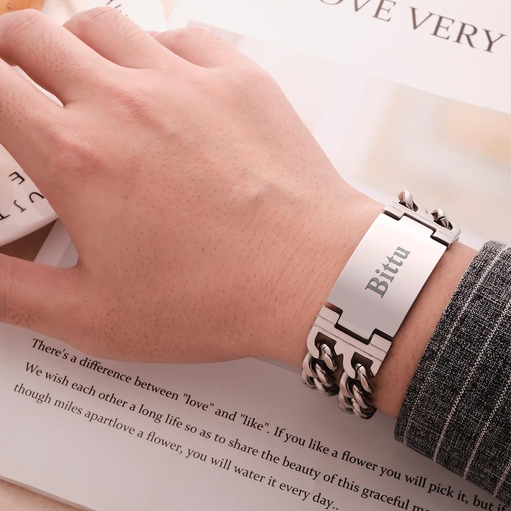 Pulsera Ancha Con Nombre Personalizado Pulsera De Moda Grabada Regalos Para Él - soufeeles