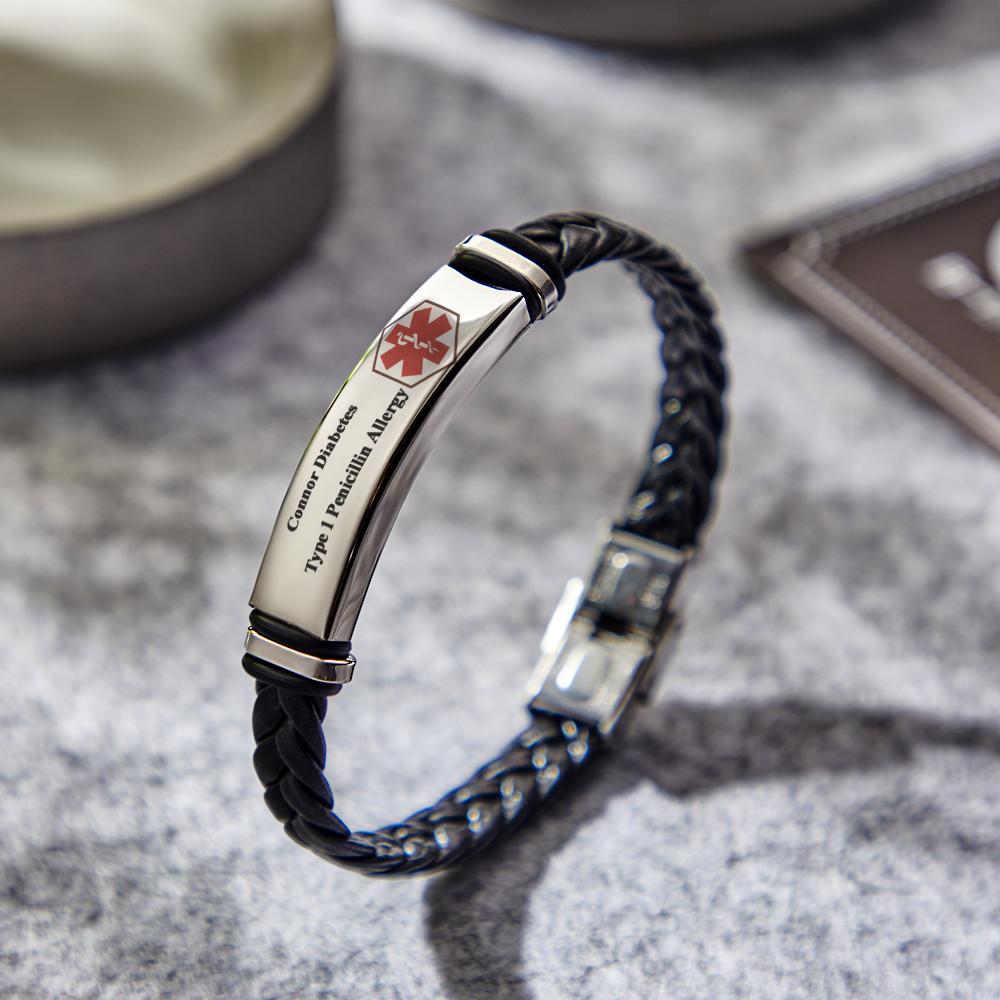 Pulsera De Cuero De Alerta Médica | Grabado Personalizado Gratuito Joyería Contacto De Emergencia Sos Medic Id Nombre Impermeable Unisex - soufeeles