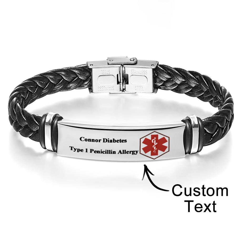 Pulsera De Cuero De Alerta Médica | Grabado Personalizado Gratuito Joyería Contacto De Emergencia Sos Medic Id Nombre Impermeable Unisex - soufeeles