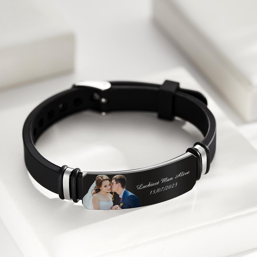 Pulsera Grabada Con Foto Personalizada Para Hombres Regalo De Boda Para Aniversario Pareja De Recién Casados ​​pulsera Personalizada Filtro Negro Y Estilo De Impresión En Color - soufeeles