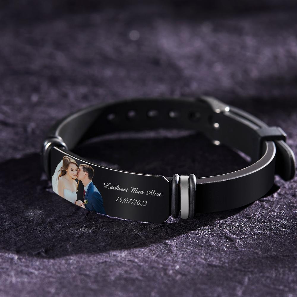 Pulsera Grabada Con Foto Personalizada Para Hombres Regalo De Boda Para Aniversario Pareja De Recién Casados ​​pulsera Personalizada Filtro Negro Y Estilo De Impresión En Color - soufeeles