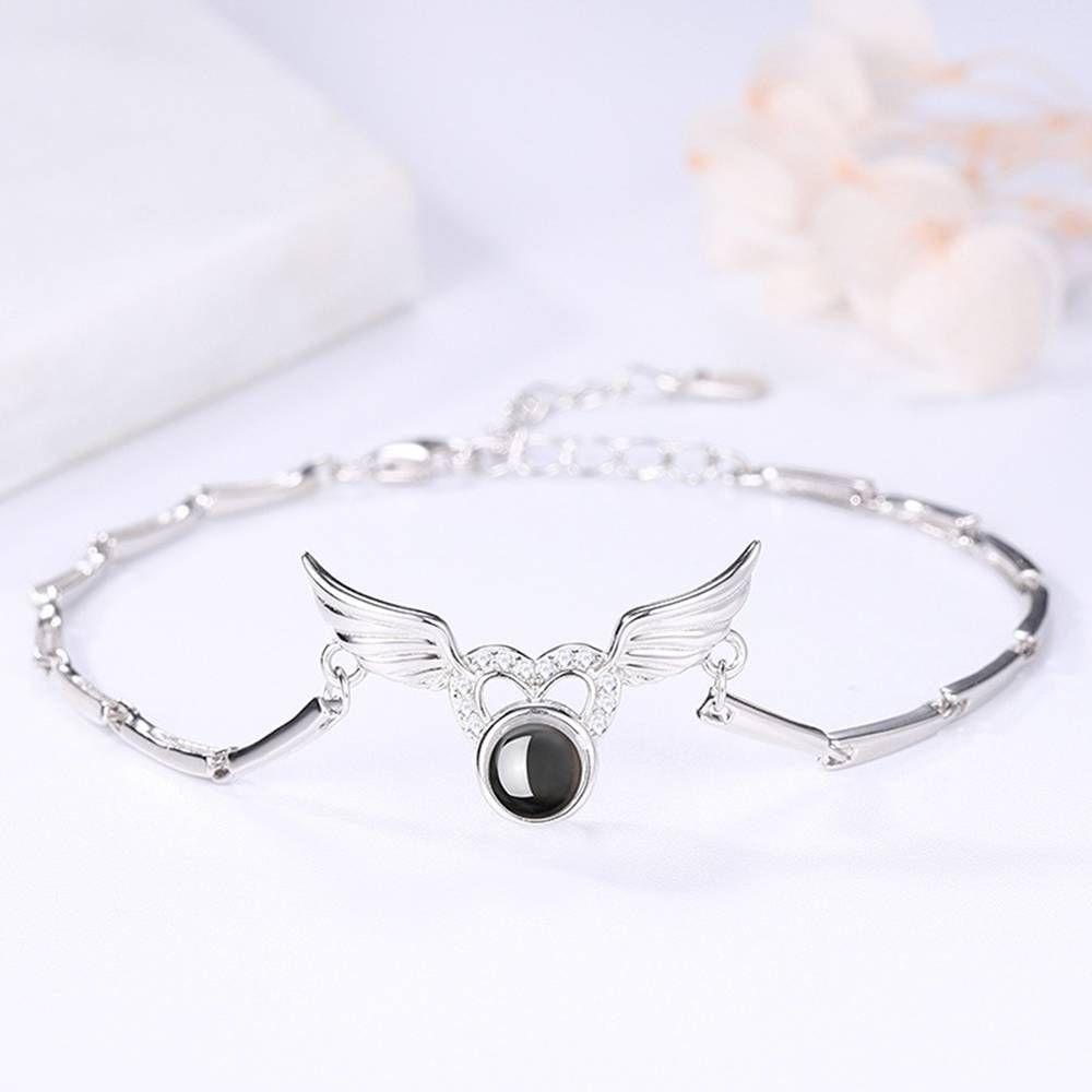 Te Amo Pulsera en 100 Idiomas Alas de ángel Pulsera Grabado de Proyección Plata