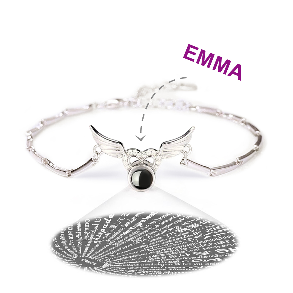 Te Amo Pulsera en 100 Idiomas Alas de ángel Pulsera Grabado de Proyección Plata