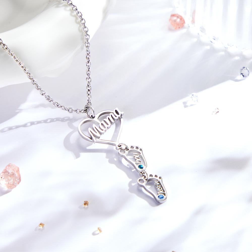 Collar Con Nombre Grabado Personalizado Love Mama Heart With Diamonds Baby Feet Charm - soufeeles