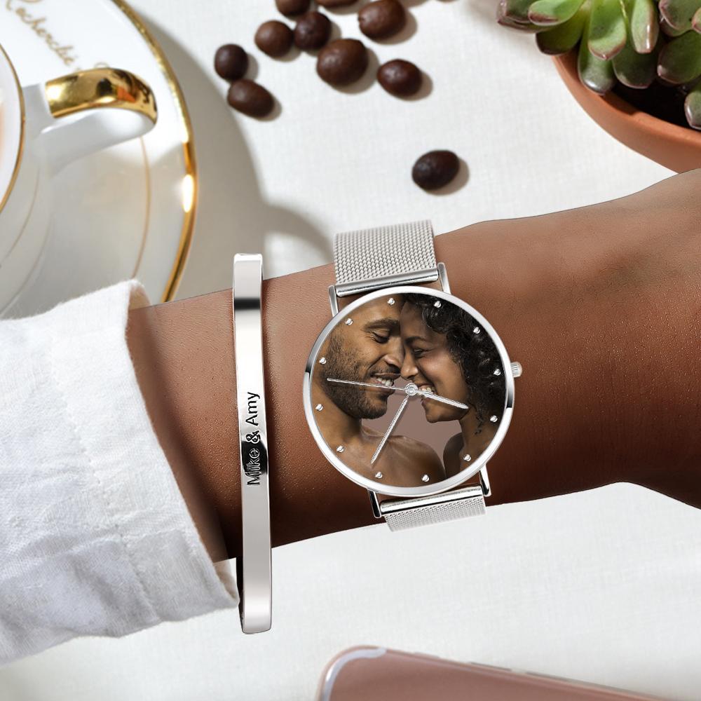 Reloj Con Foto De Brazalete De Aleación Negra Grabado Para Mujer De 36 Mm