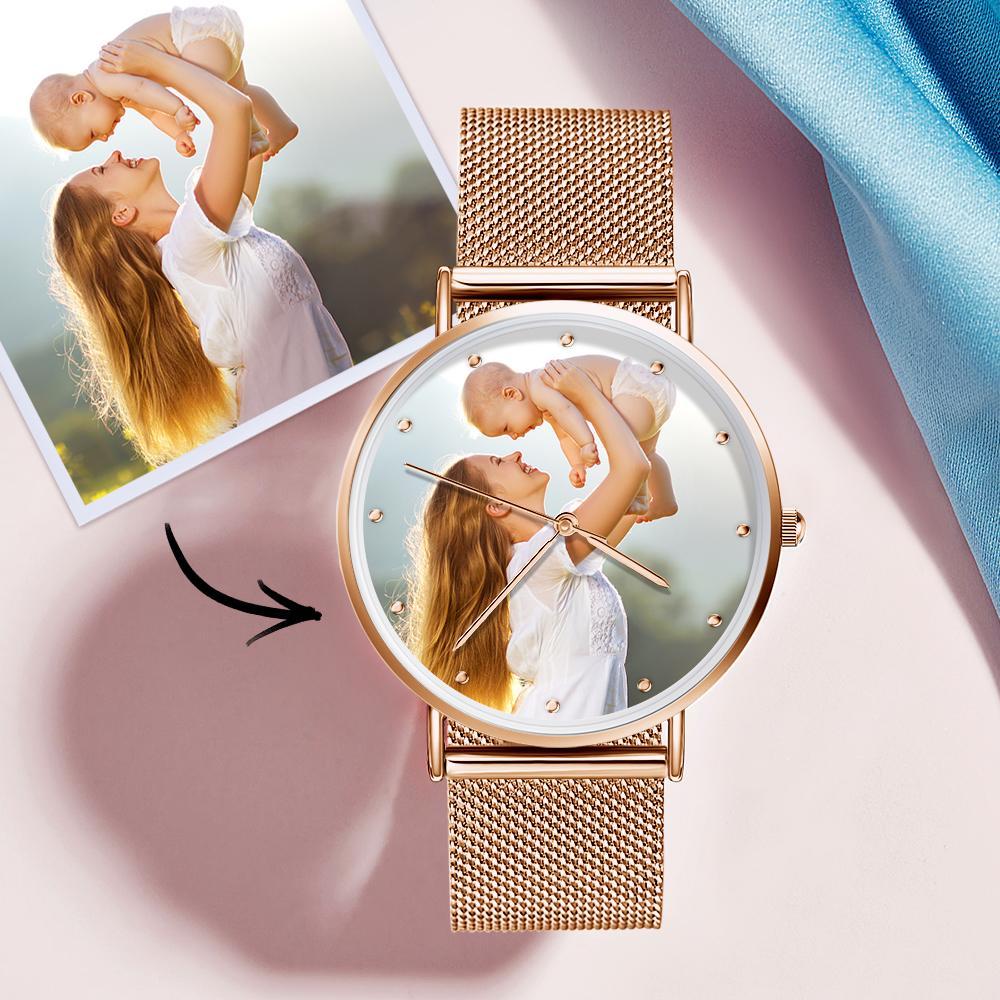 Regalos del Día de Madre - Foto Reloj de Correa Oro Rosa de Aleación con Grabado 36mm para Mujeres