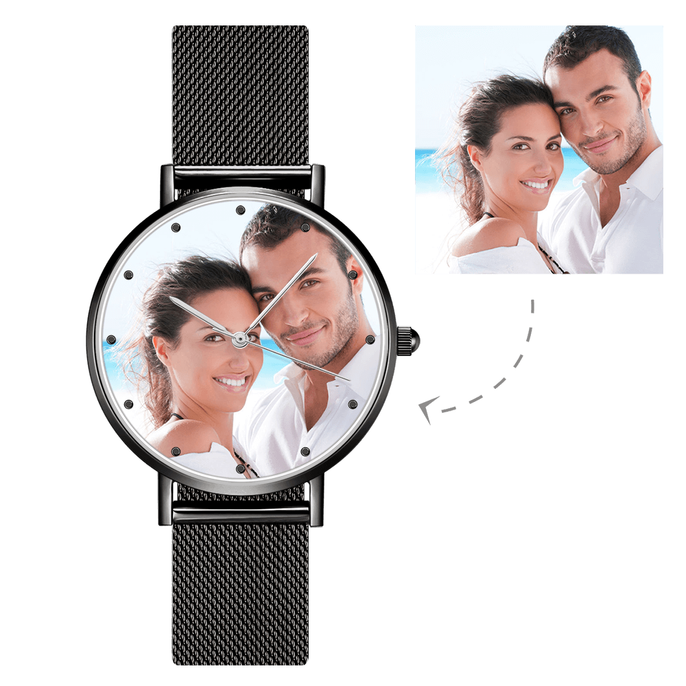 Hombre Reloj Grabable de Foto con Pulsera de Negro Aleación 40mm