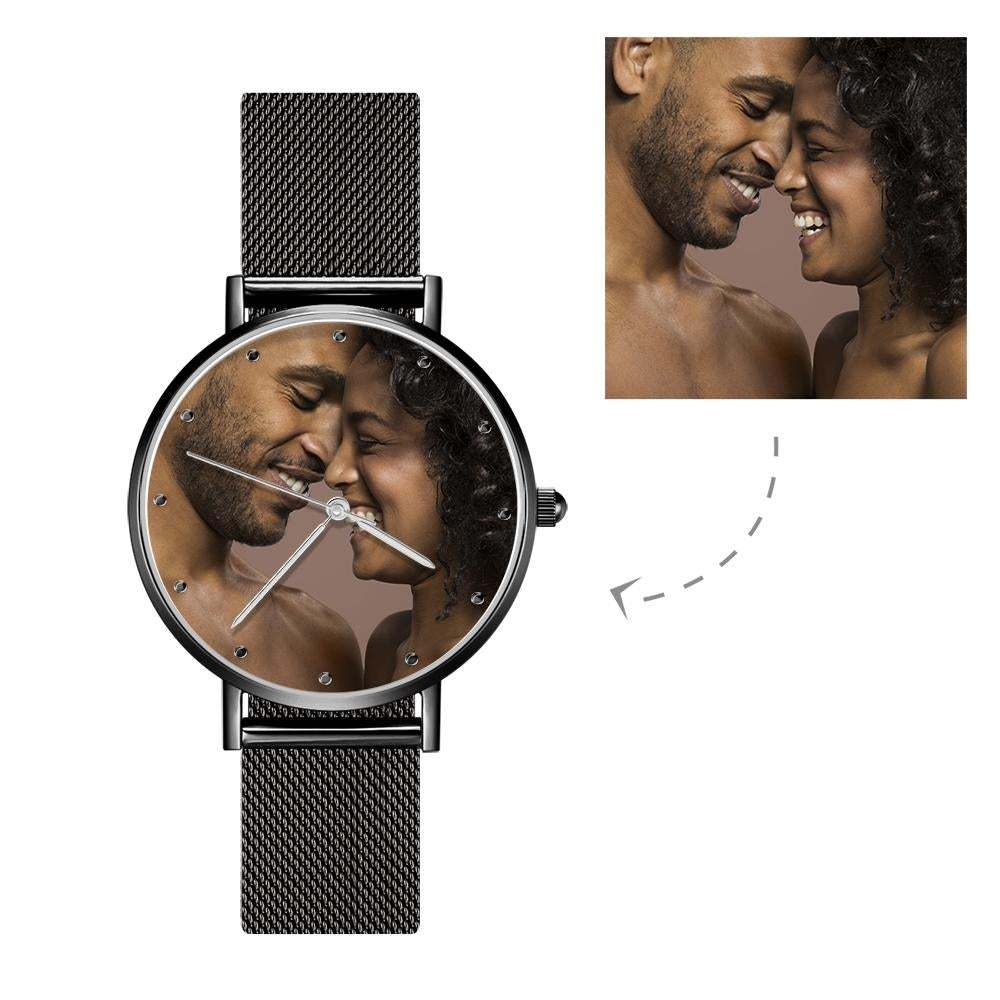 Reloj Con Foto De Brazalete De Aleación Negra Grabado Para Mujer De 36 Mm