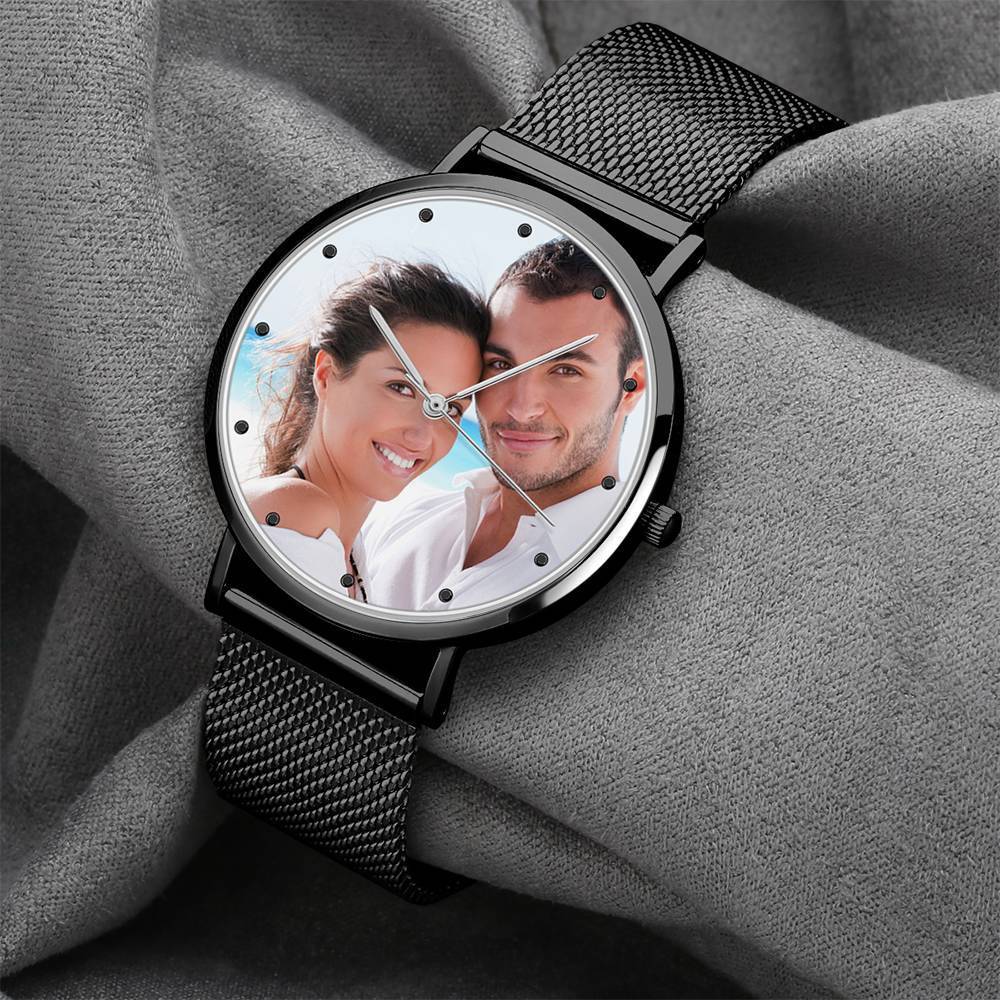 Hombre Reloj Grabable de Foto con Pulsera de Negro Aleación 40mm