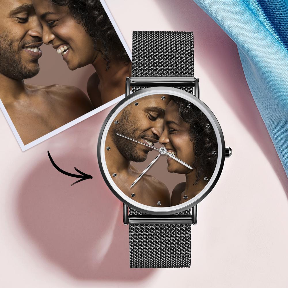 Reloj Con Foto De Brazalete De Aleación Negra Grabado Para Mujer De 36 Mm