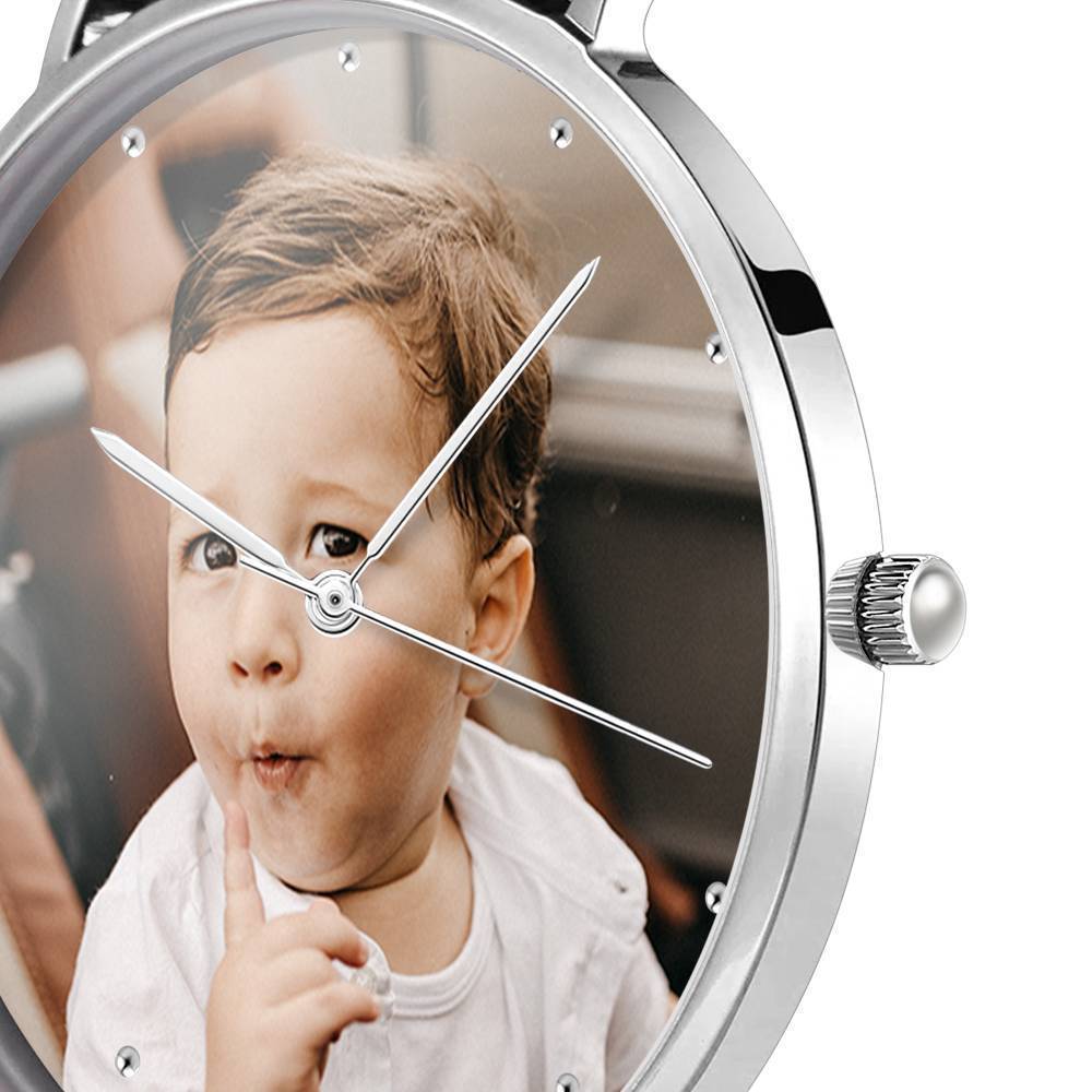 Reloj Fotográfico Grabable, Regalo de Recuerdo, Correa de Cuero Negro 40 mm - Unisex