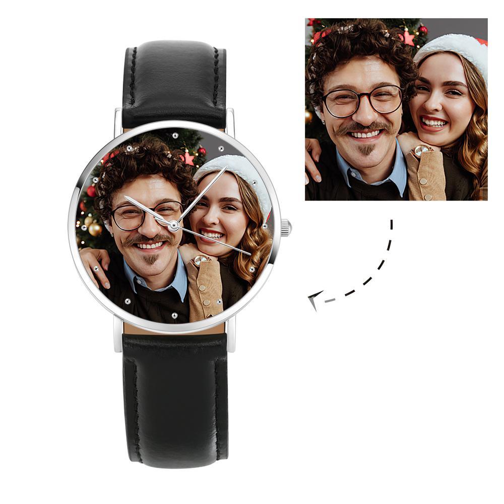 Grabable Unisexo Reloj de Foto Correa de Cuero Negro Regalos De Navidad 40mm