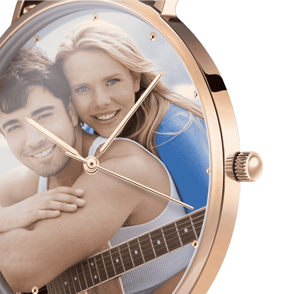Grabable Unisexo Reloj de Foto Tono de Oro Rosa Correa de Cuero Negro 40mm
