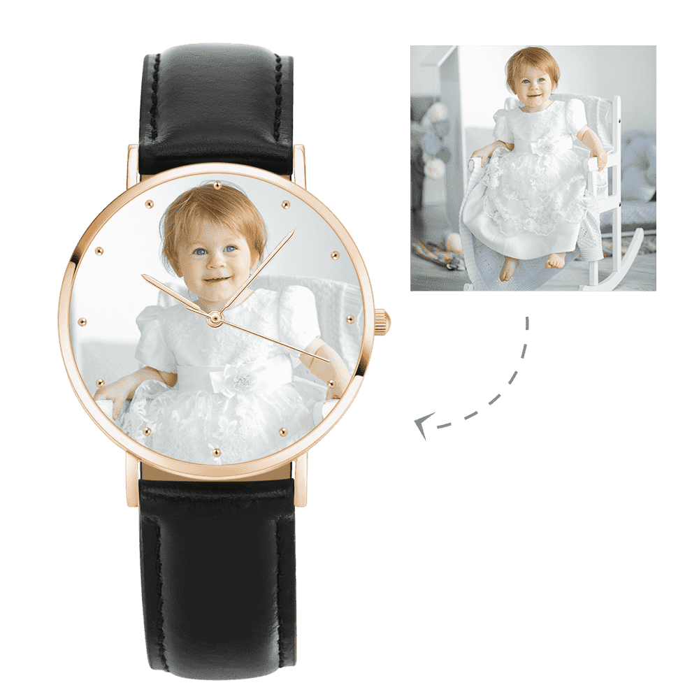 Grabable Femenino Reloj de Foto Tono de Oro Rosa Correa de Cuero Negro 36mm