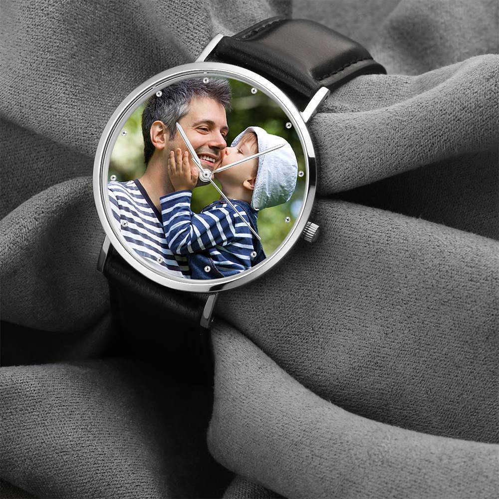 Regalo de Cumpleaños para Padre - Reloj Personalizado Grabable, Reloj con Foto con Pulsera de Cuero Preta 40mm