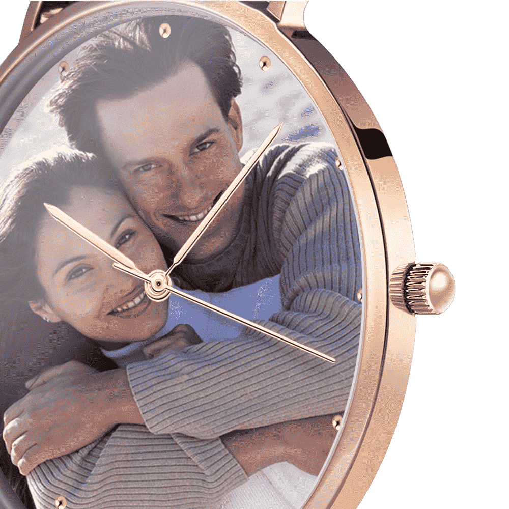 Grabable Unisexo Reloj de Foto Tono de Oro Rosa Correa de Cuero Negro 40mm