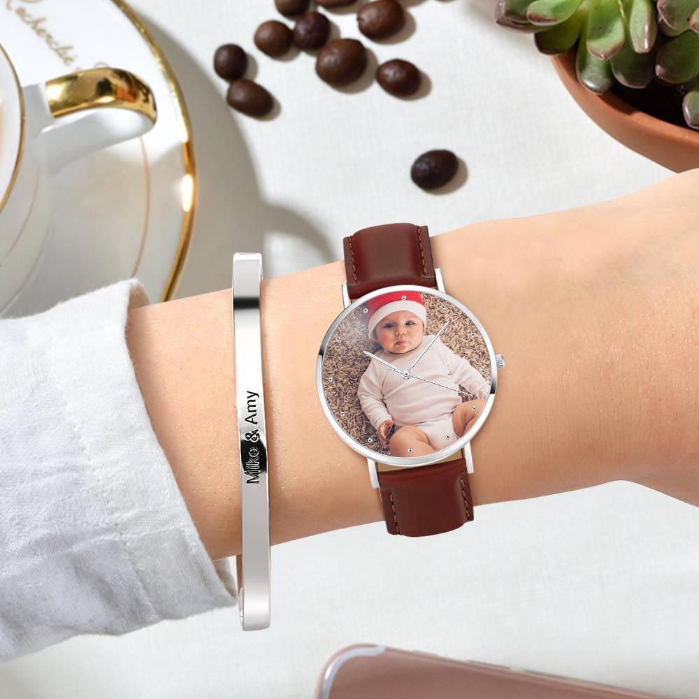 Grabable Femenino Reloj de Foto Correa de Cuero Marrón 36mm