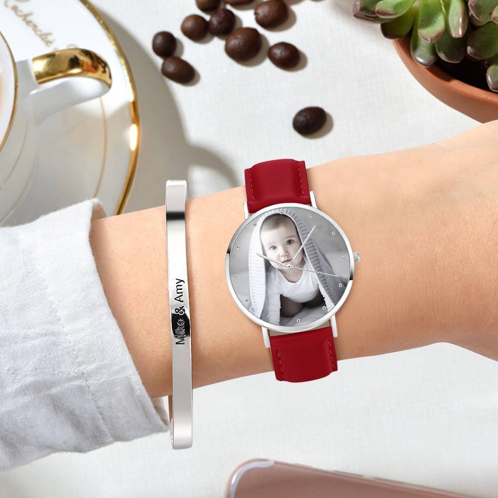 Grabable Femenino Reloj de Foto Correa de Cuero Rojo 36mm