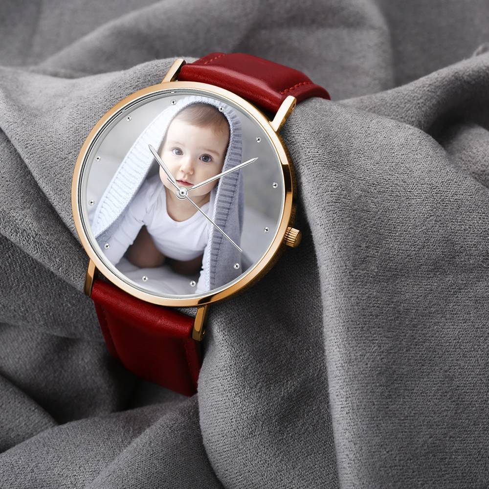 Grabable Femenino Reloj de Foto Tono de Oro Rosa Correa de Cuero Rojo 36mm