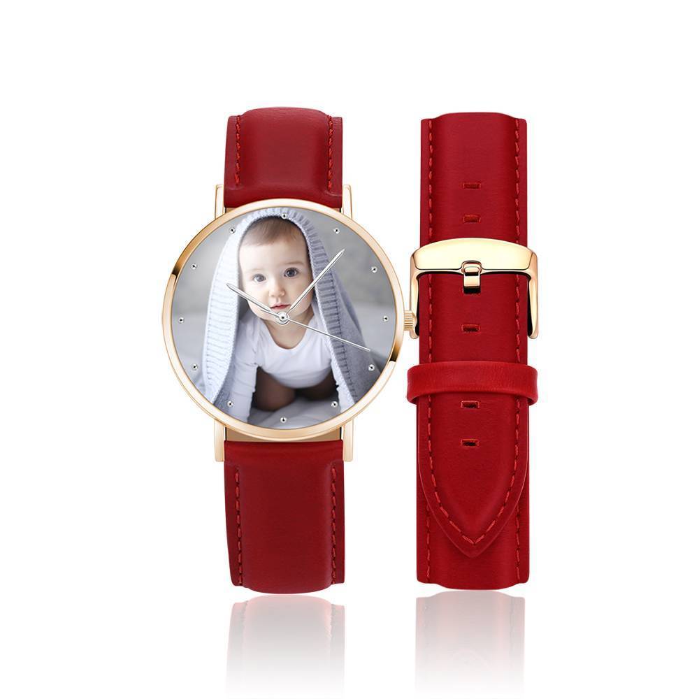 Grabable Femenino Reloj de Foto Tono de Oro Rosa Correa de Cuero Rojo 36mm