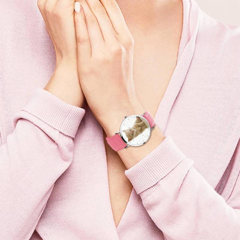 Grabable Femenino Reloj de Foto Correa de Cuero Rosado 36mm