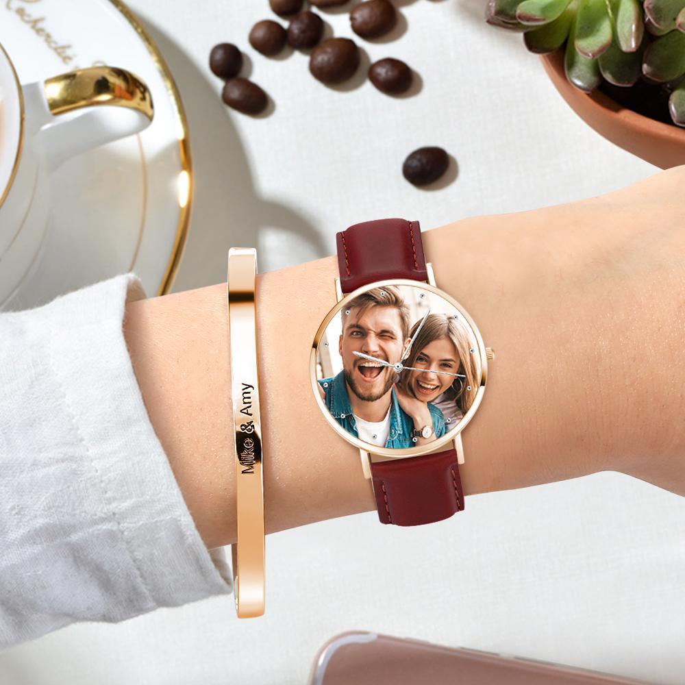 Grabable Femenino Reloj de Foto Tono de Oro Rosa Correa de Cuero Rosado 36mm